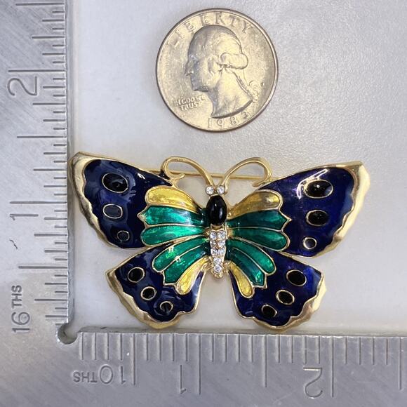 VTG 1980s Gold Tone Enamel Butterfly Brooch Blue Green Glass Rhinestone Pin - Picture 7 of 8